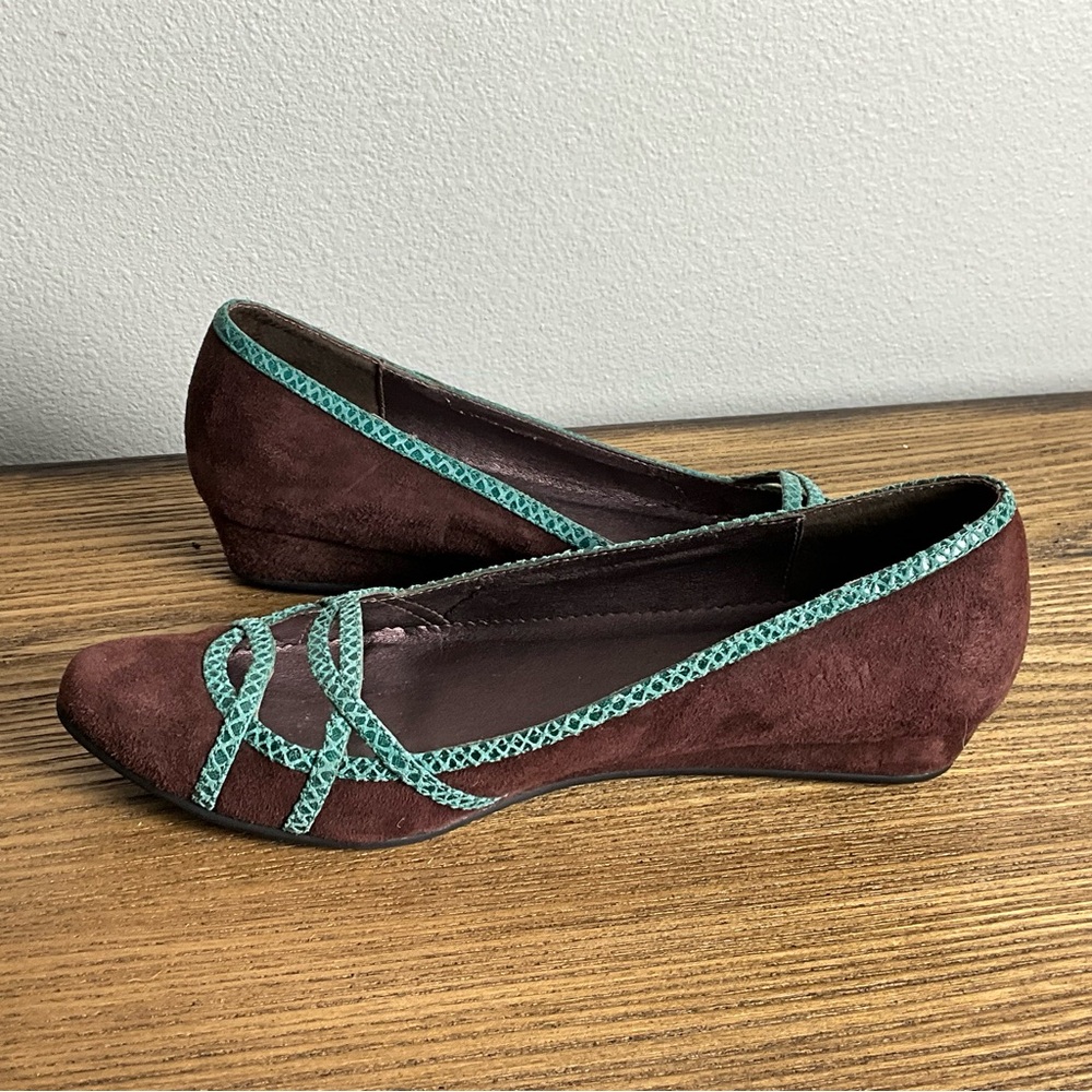 Faryl Robbin Brown Suede and Turquoise Leather Wedges - Picture 4 of 8